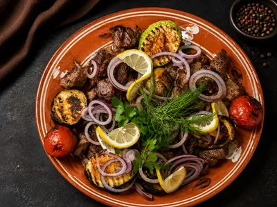 Шашлык ассорти с овощами