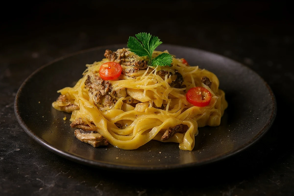 Тальятелле с говядиной, грибами и соусом бешамель и песто
